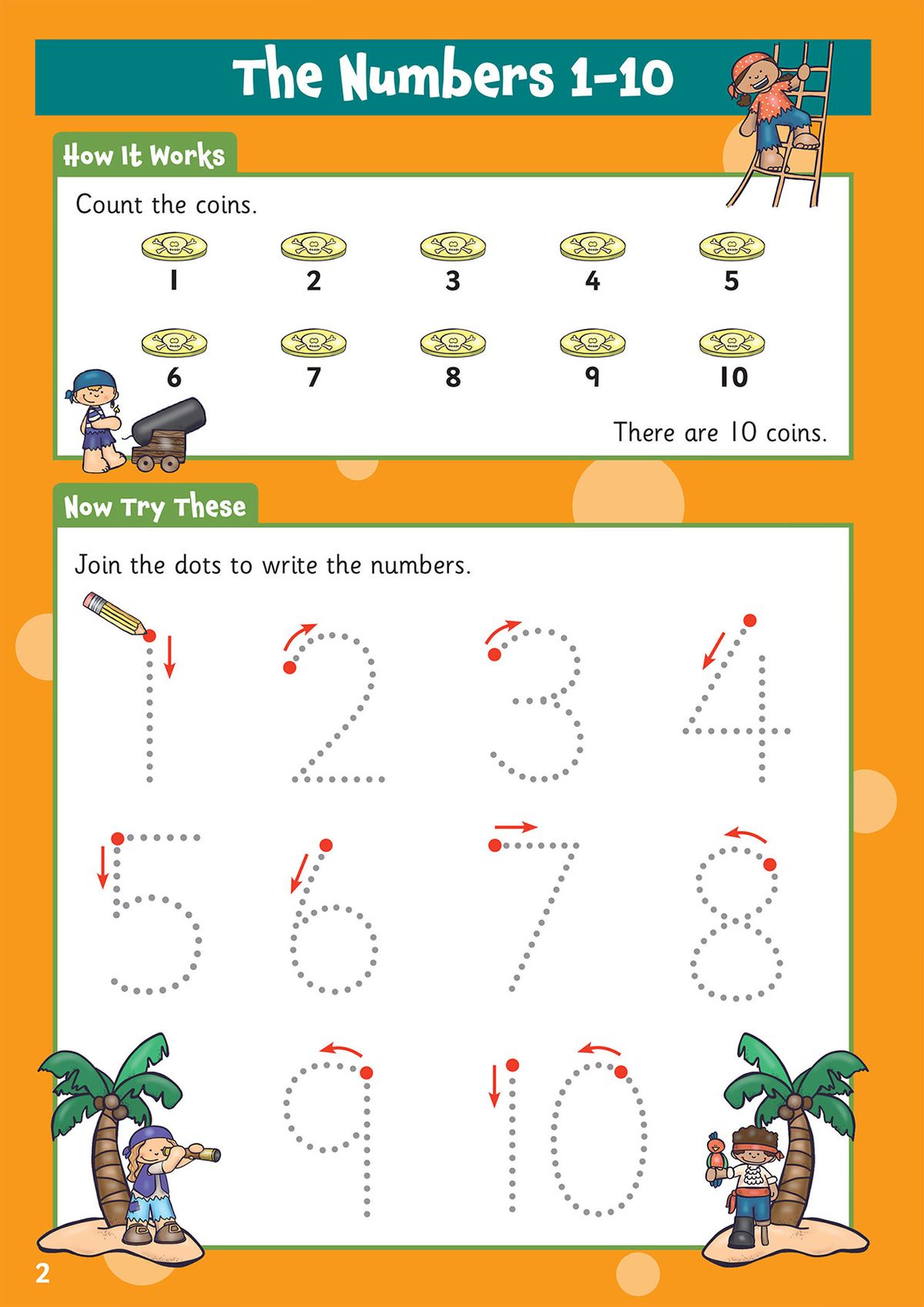 Number formation practice page showing dotted numbers 1-10 with counting coins example