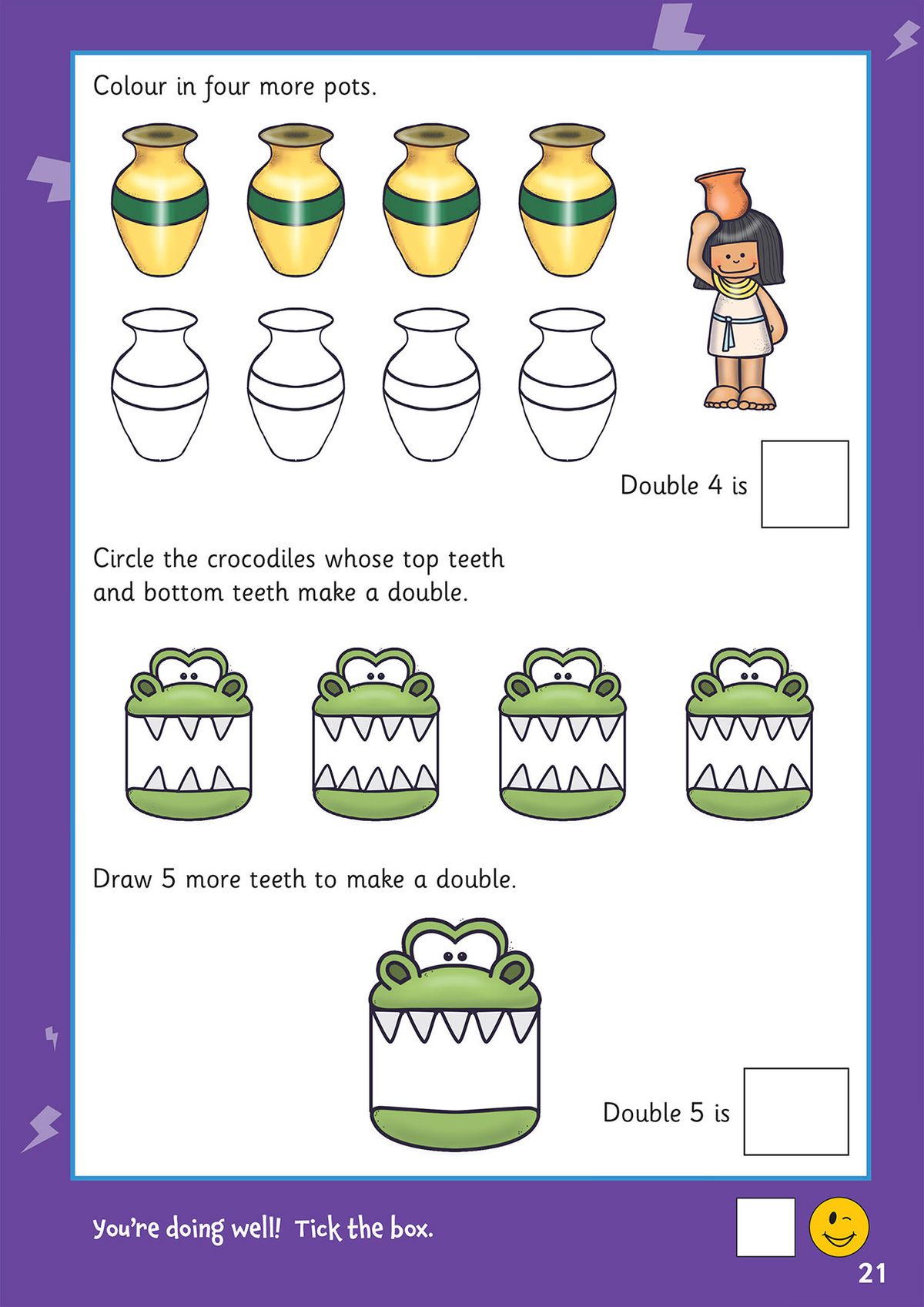 Page showing doubling exercises with Egyptian pots and crocodile teeth counting activities