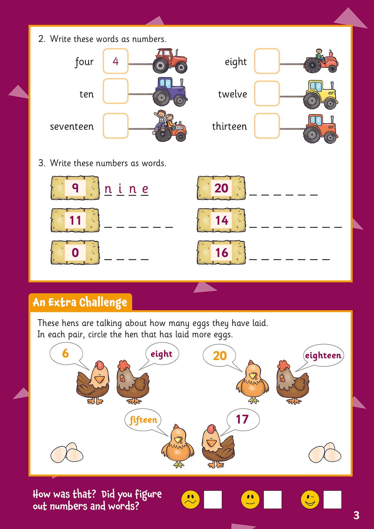 Colourful page showing number and word exercises with tractors and hens