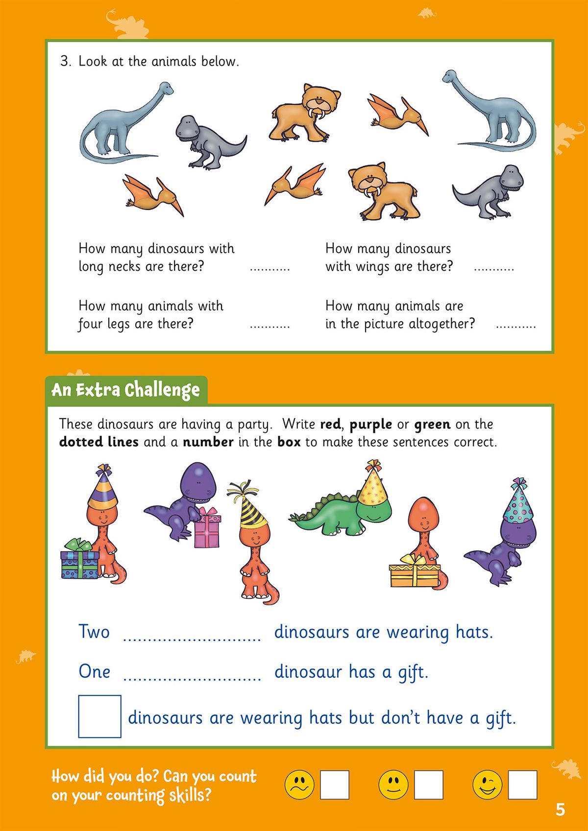 Dinosaur-themed counting and problem-solving exercises with party scene