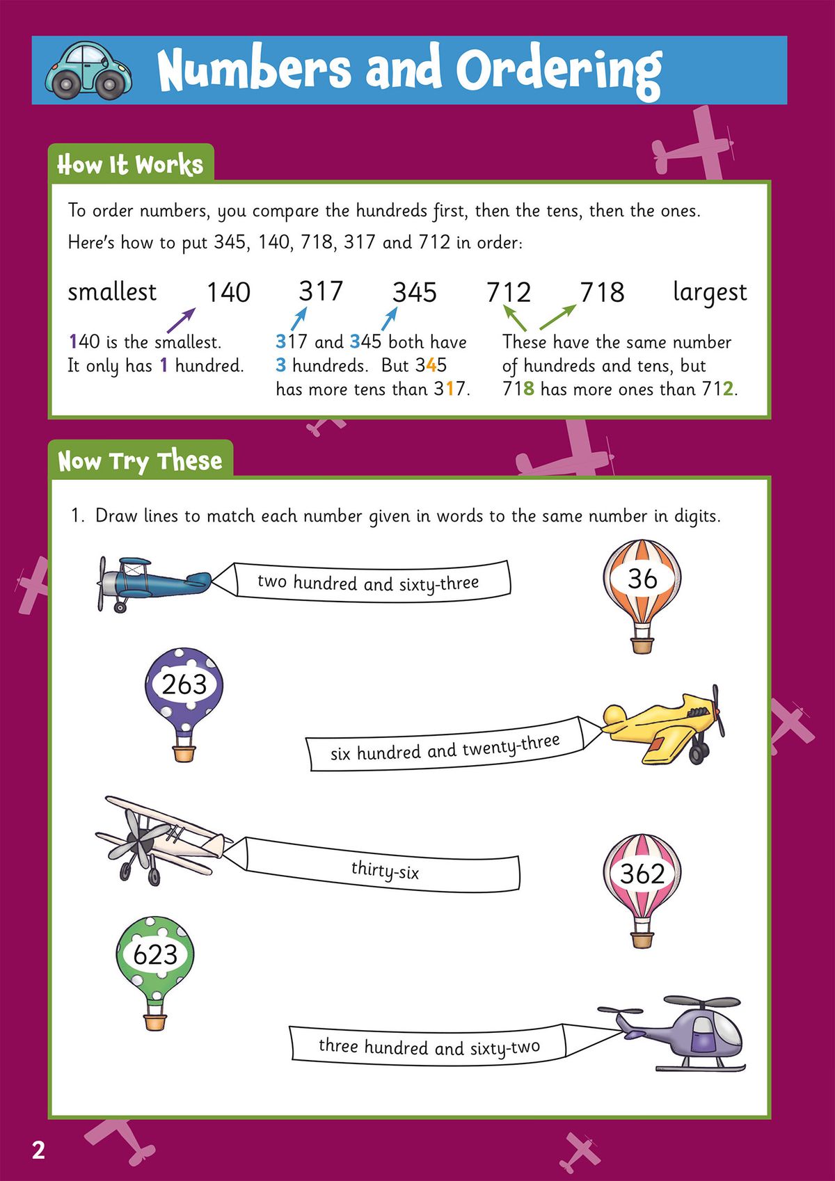 Numbers and ordering activity page with colourful illustrations
