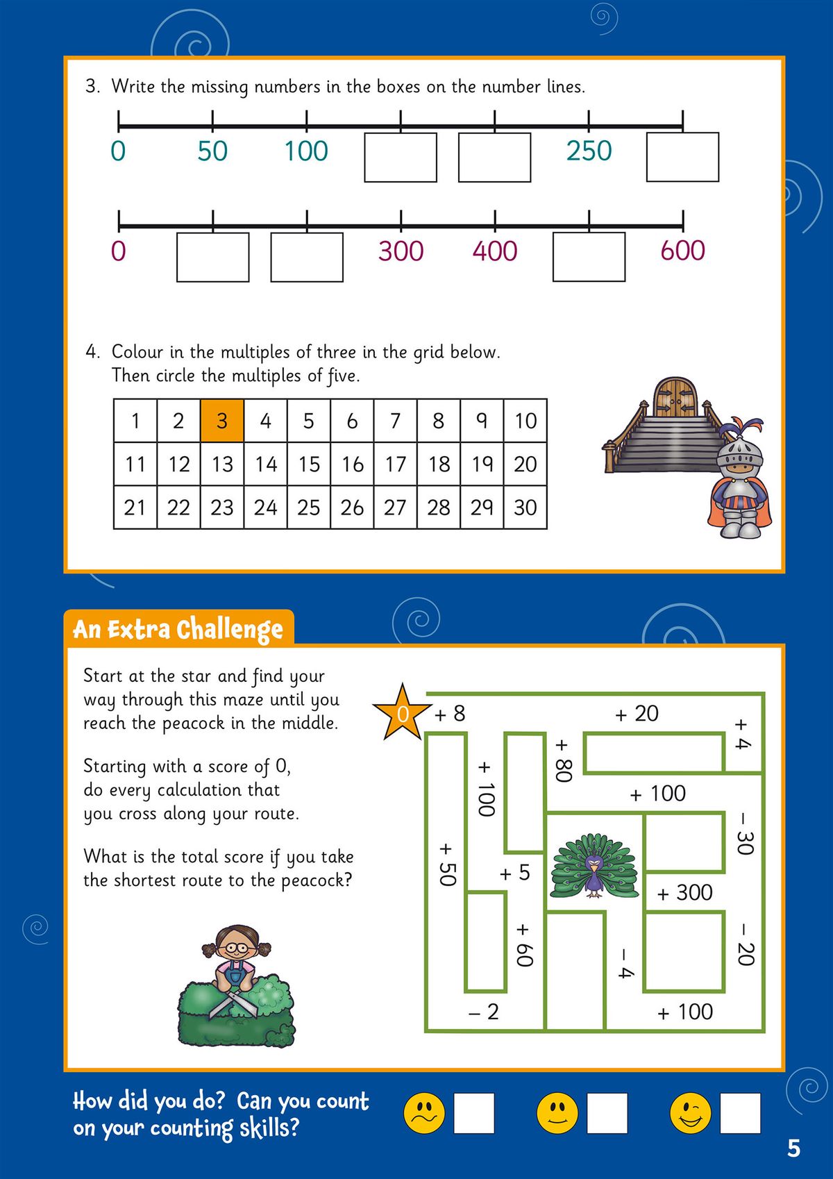 Activity page showing number lines, times tables, and maze challenges