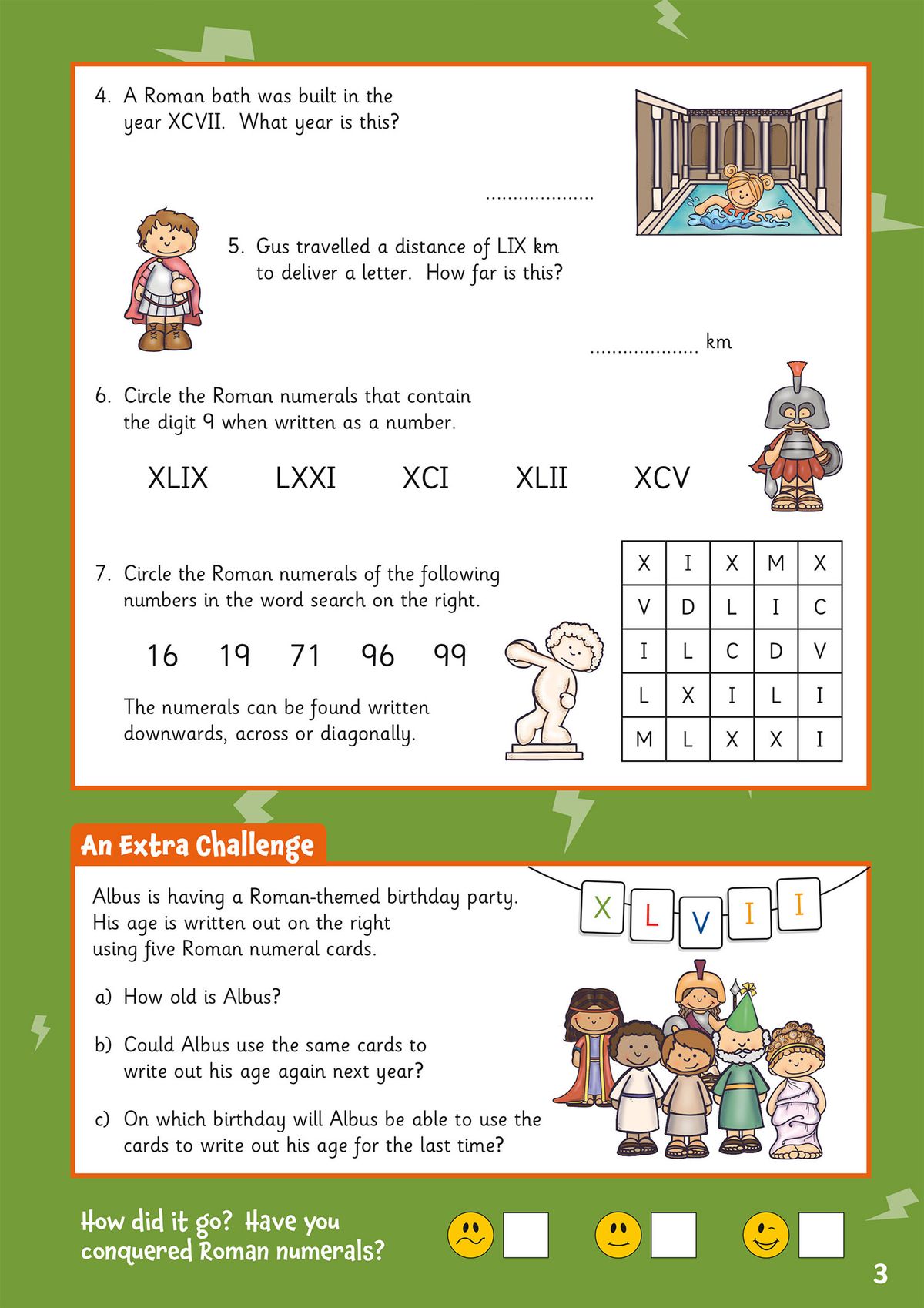 Roman numerals activity page with word searches, problems and an extra challenge section