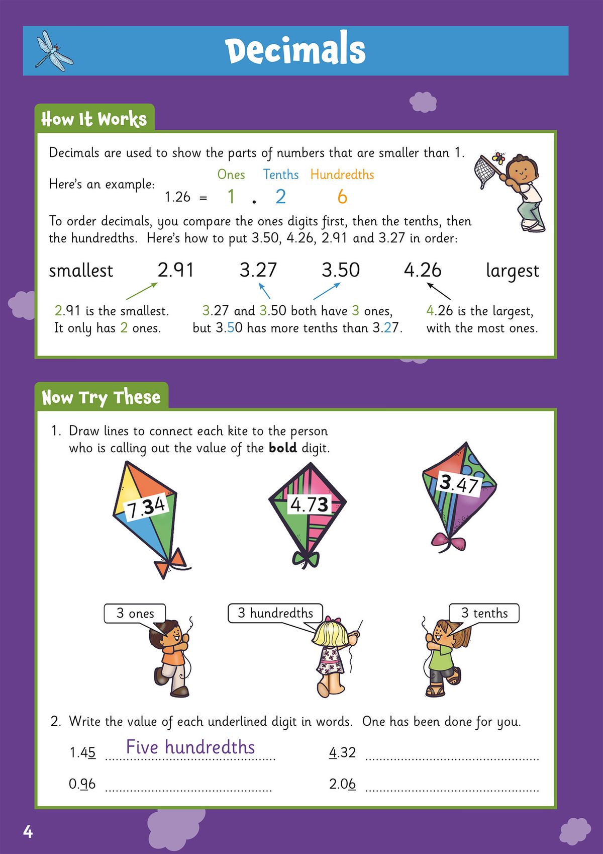Decimals practice page showing how to order decimal numbers with colourful kite illustrations