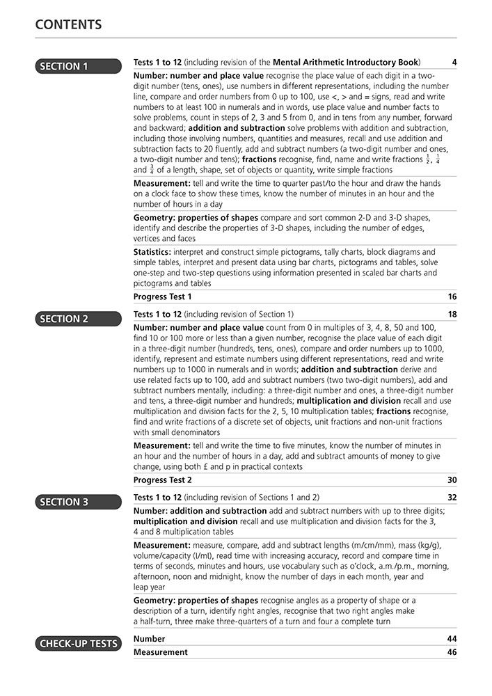 Contents page of Mental Arithmetic Answer Book 1 listing topics by section