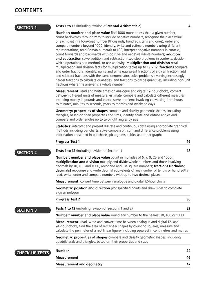 Contents page listing three sections and check-up tests with detailed topic coverage