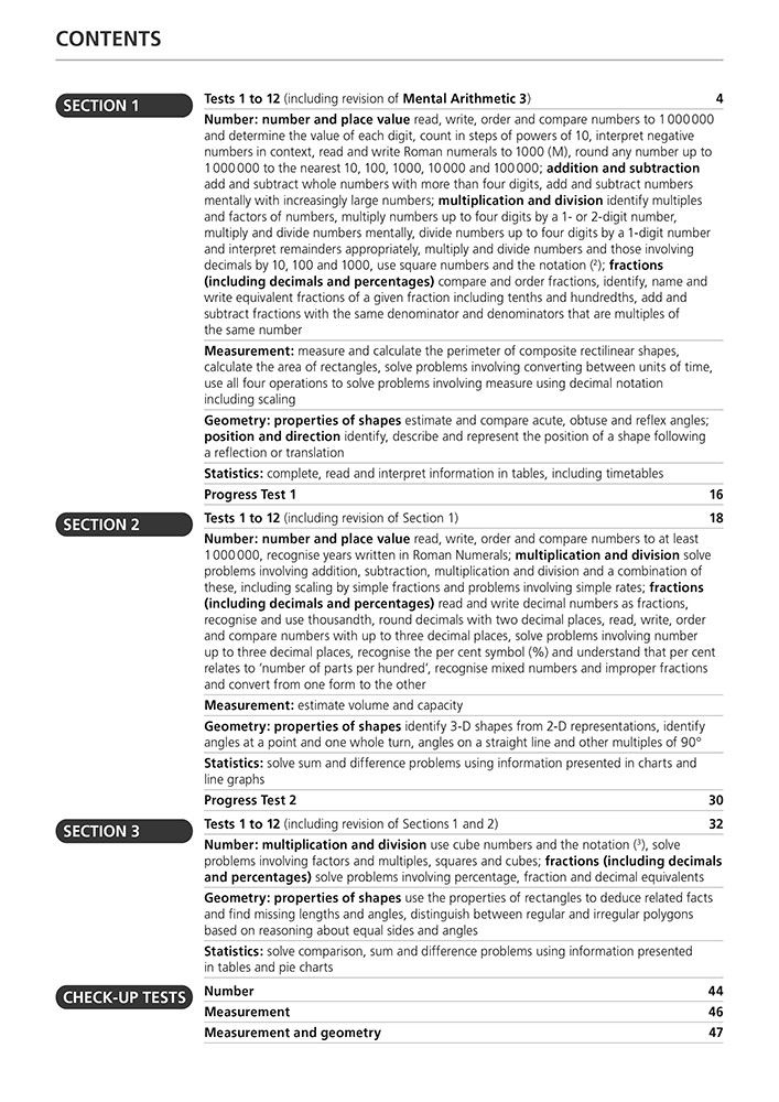 Contents page showing test structure and curriculum coverage