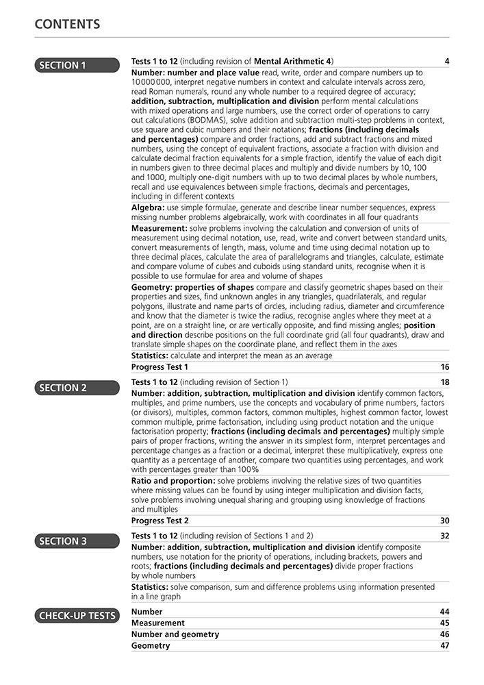 Contents page showing test structure and topics covered in Mental Arithmetic Answer Book 5