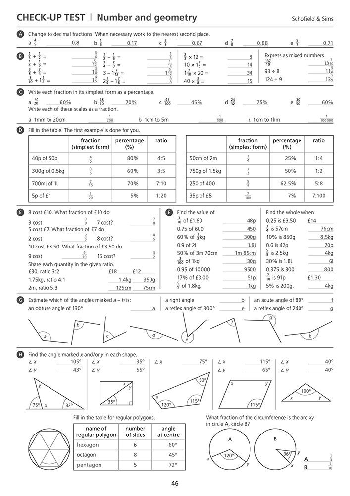 Sample check-up test page showing completed answers for fractions, percentages and geometry questions