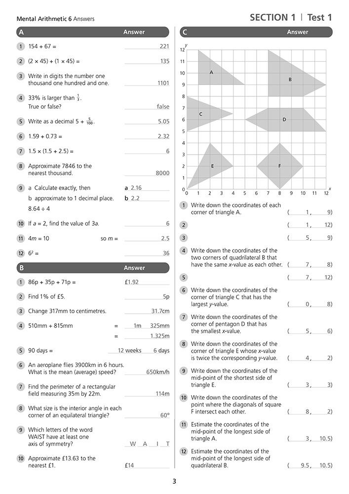 Example revision test page showing worked answers for a variety of maths problems