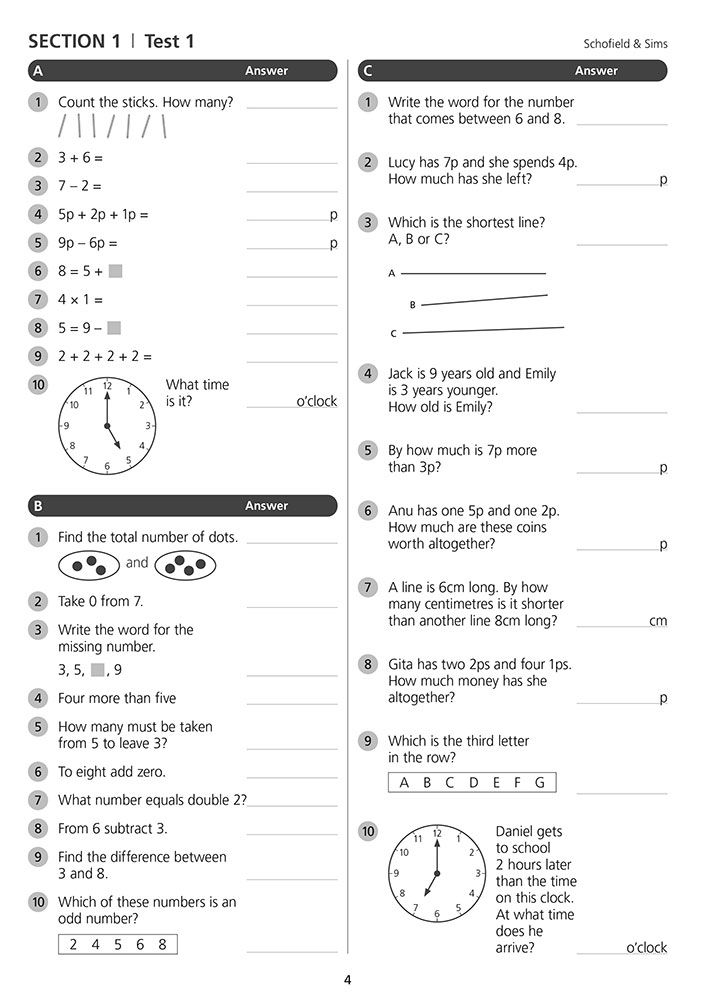 Sample test page showing three-part format with calculations, number vocabulary and word problems