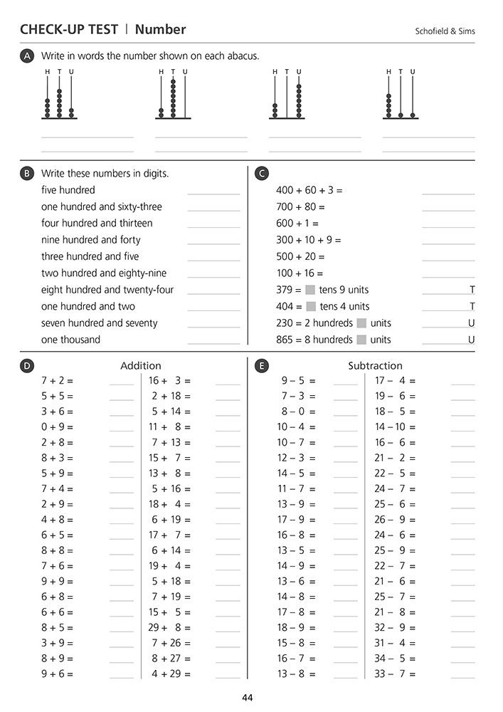Check-up test page covering place value, addition, subtraction and number operations