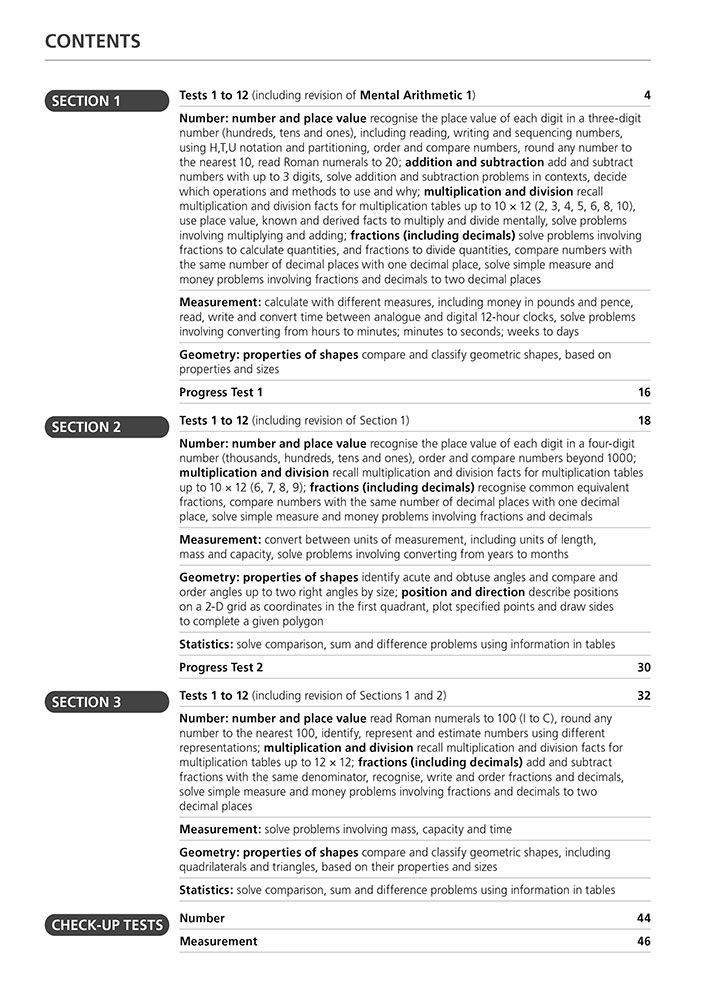 Contents page showing the three sections and Check-up Tests in Mental Arithmetic Book 2