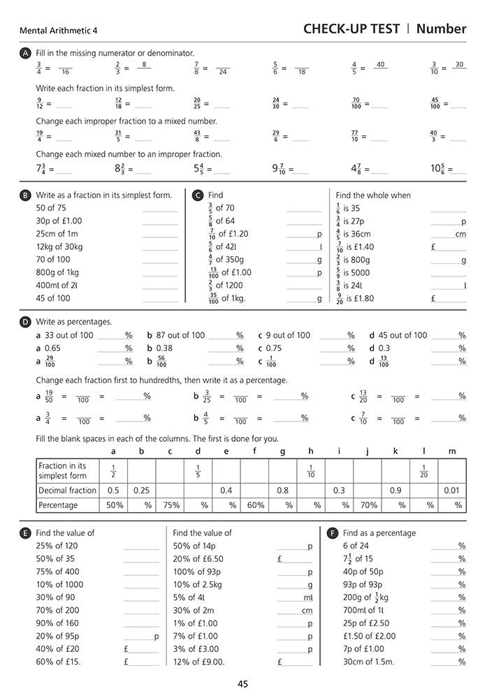 Check-up test page featuring fractions, decimals and percentages exercises