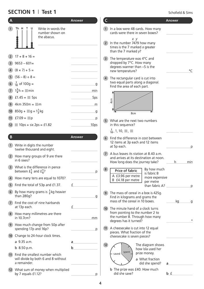 Sample test page showing three-part question format with number, vocabulary and word problems