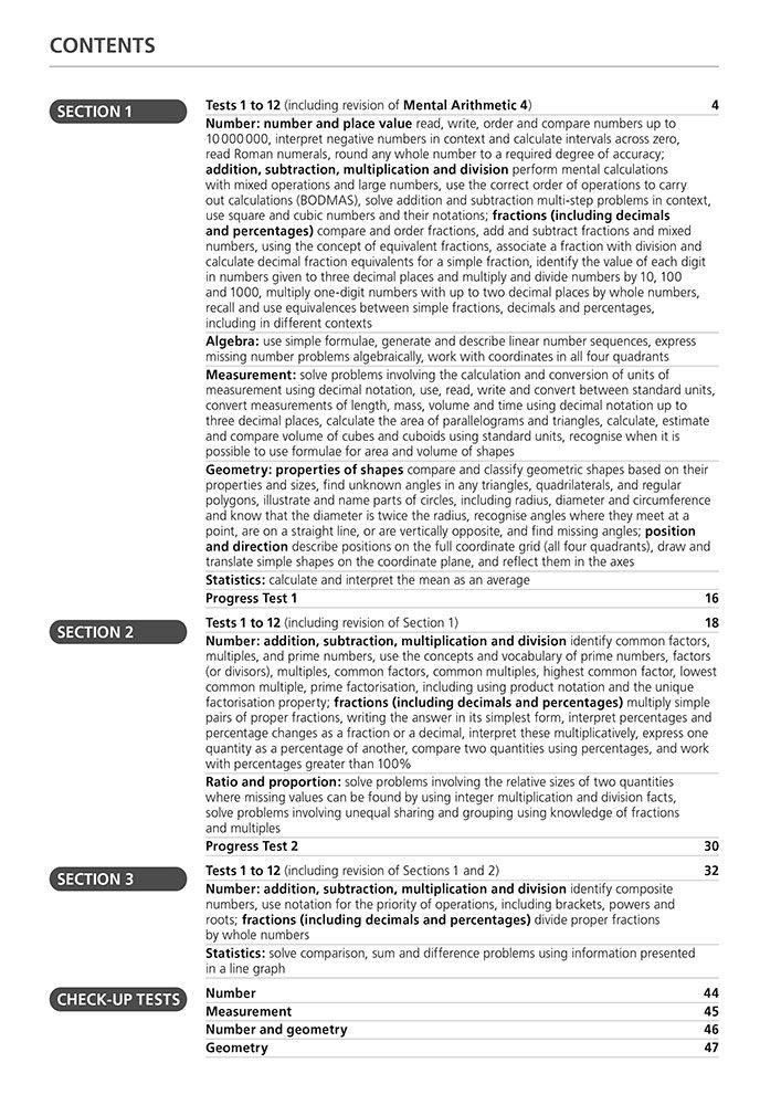 Contents page of Mental Arithmetic Book 5 showing three sections and check-up tests