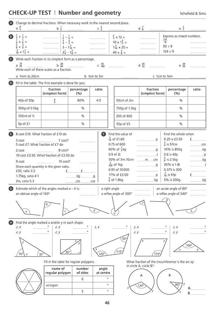 Check-up test page showing mixed questions on fractions, percentages, ratio and geometry