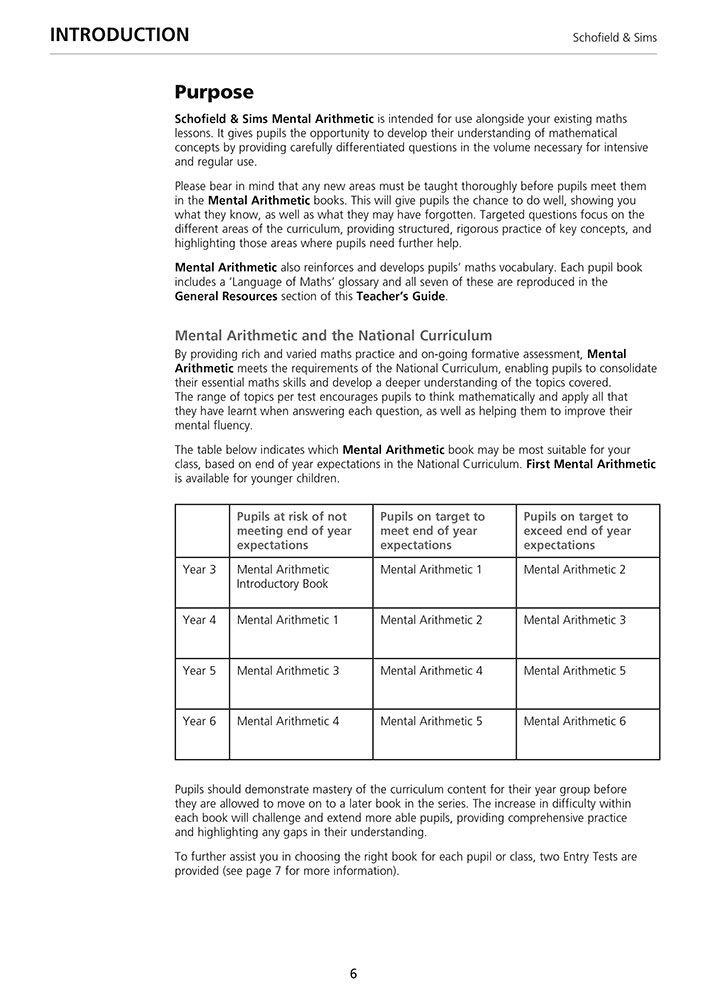 Page explaining the purpose of Mental Arithmetic and its alignment with the National Curriculum
