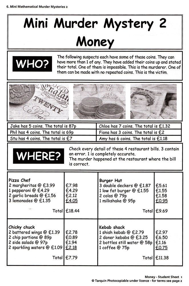 Sample mystery worksheet showing coin combinations and restaurant bills to identify suspects