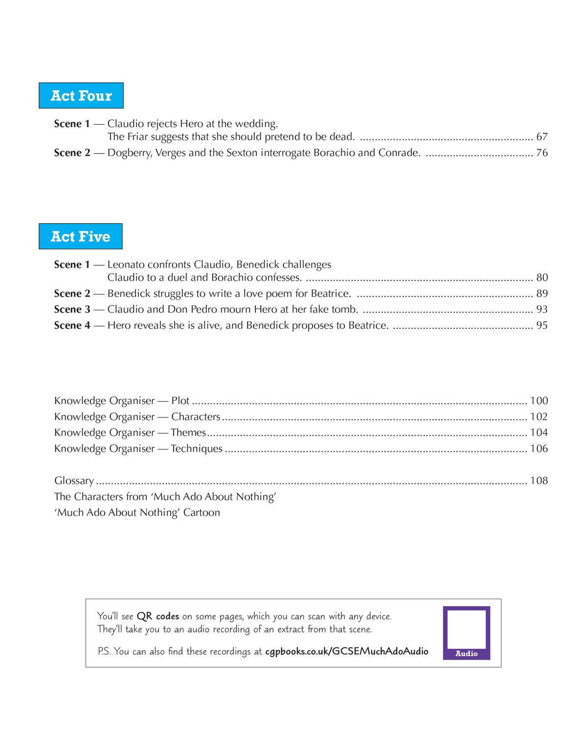 Contents page showing Act Four and Act Five scene breakdowns with page numbers and QR code information for audio extracts