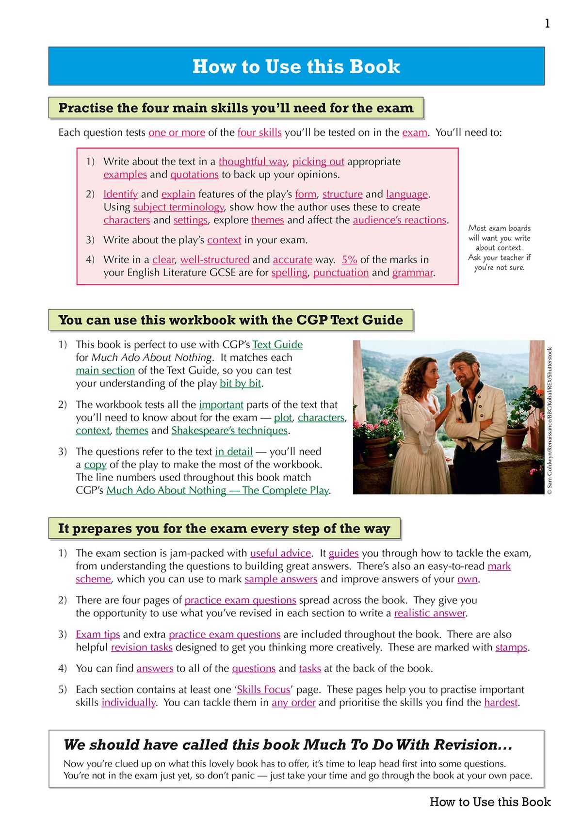 Sample workbook page with true or false questions about Much Ado About Nothing Act 1