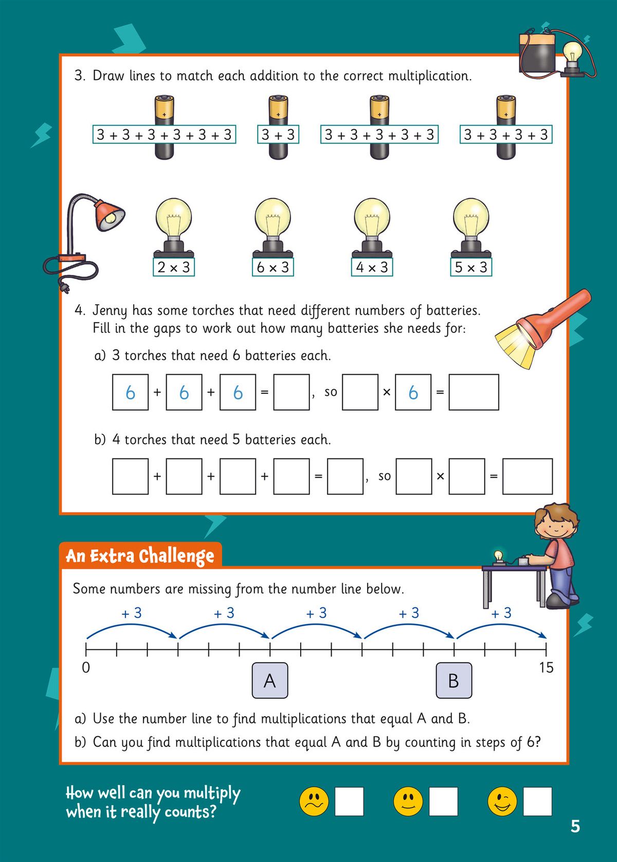 Activity page showing multiplication matching, battery word problems and number line challenges with smiley face self-assessment