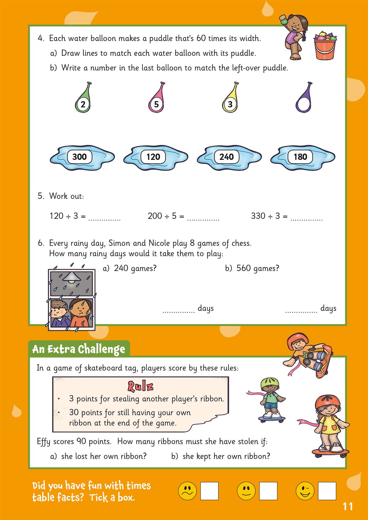 Practice page featuring matching activities, division problems and an extra challenge section
