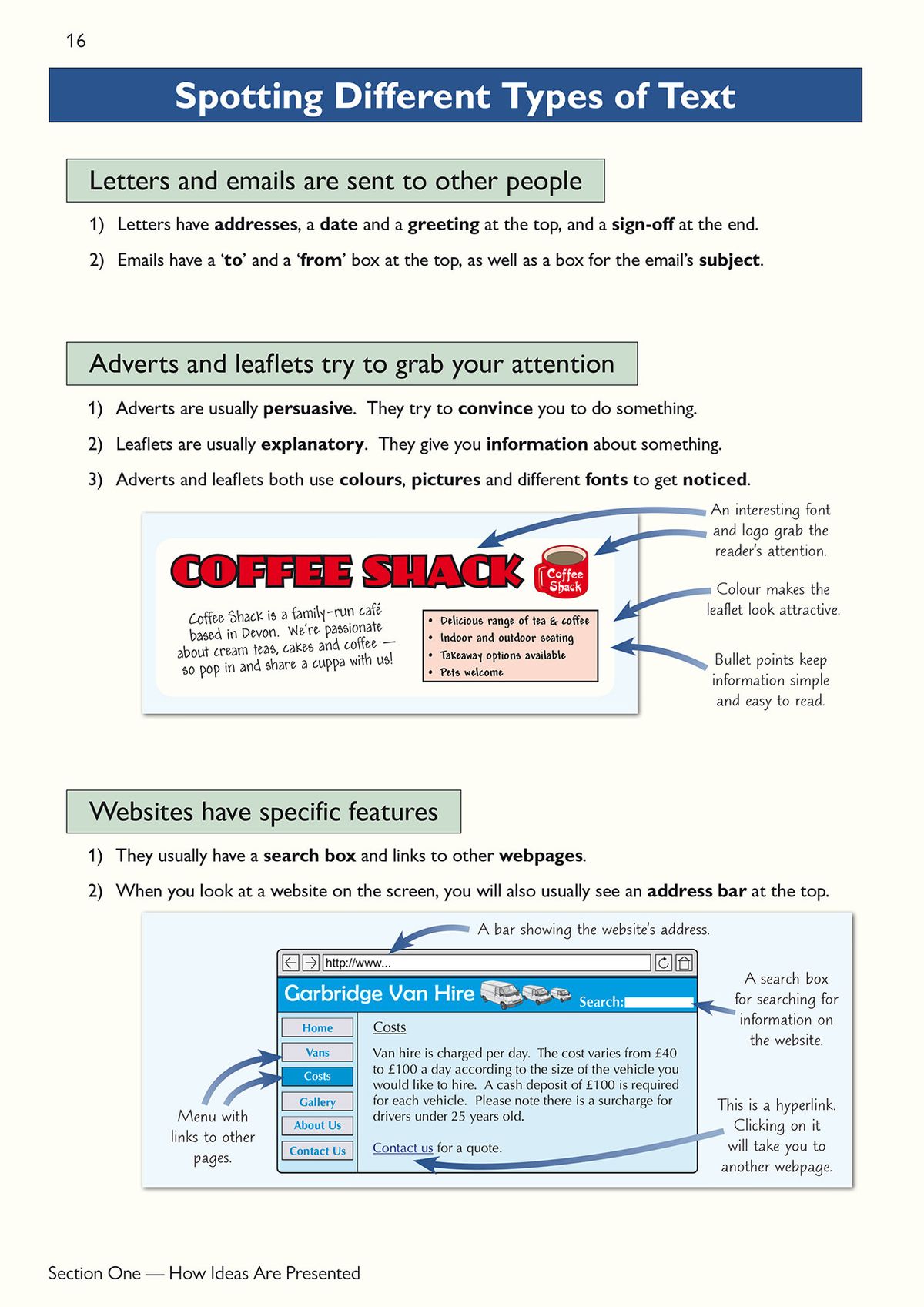 Page showing how to spot different types of text including letters, emails, adverts, leaflets and websites