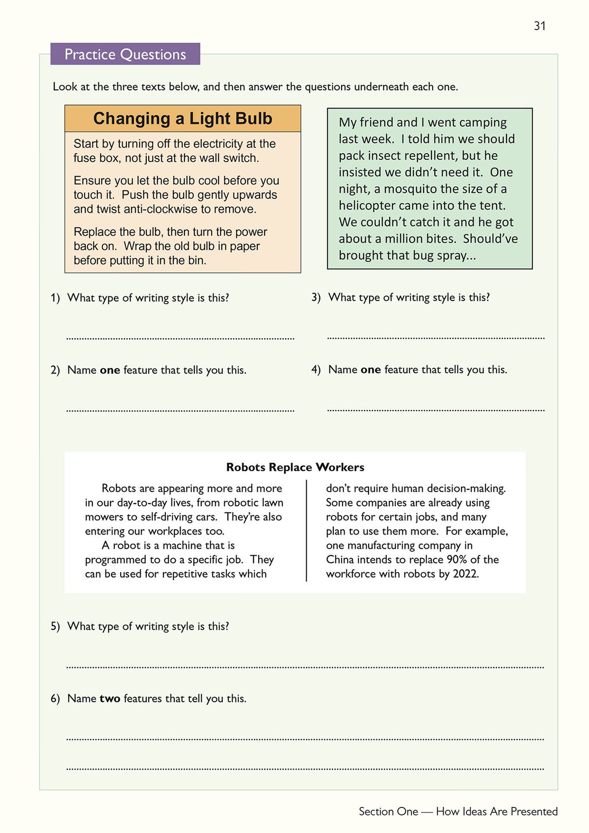 Practice questions page asking students to identify writing styles and features from sample texts