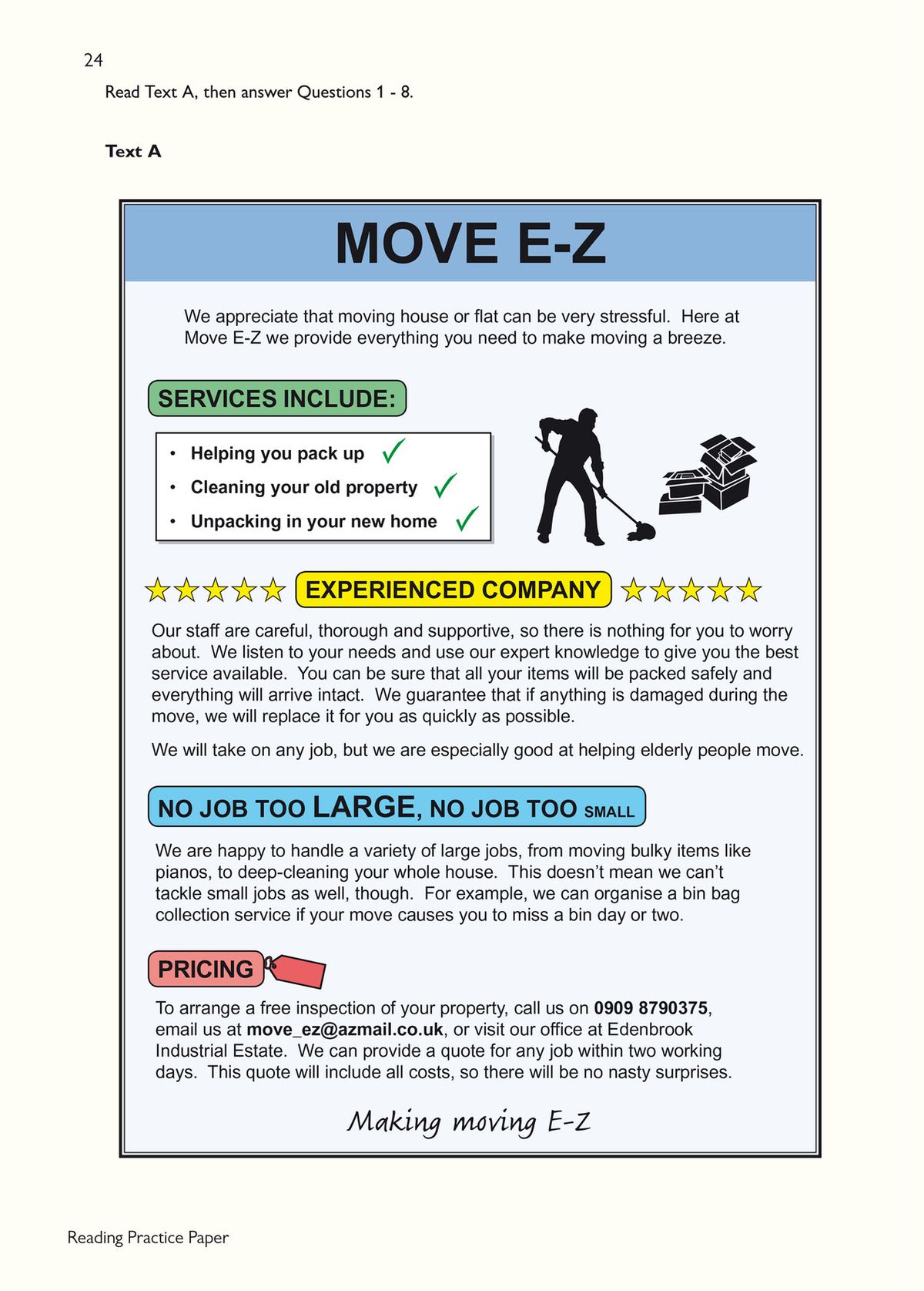Sample reading practice paper showing a flyer for Move E-Z removals company