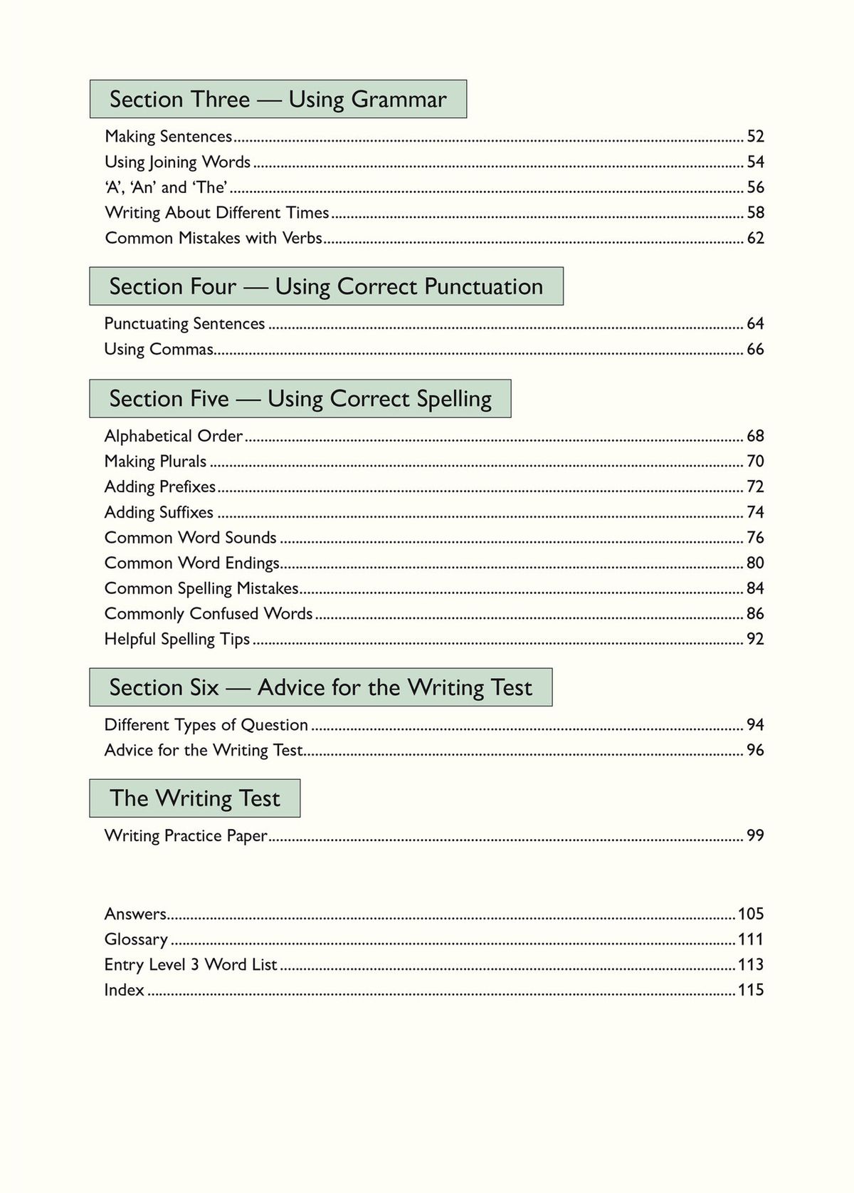 Contents page showing grammar, punctuation, spelling and writing test sections