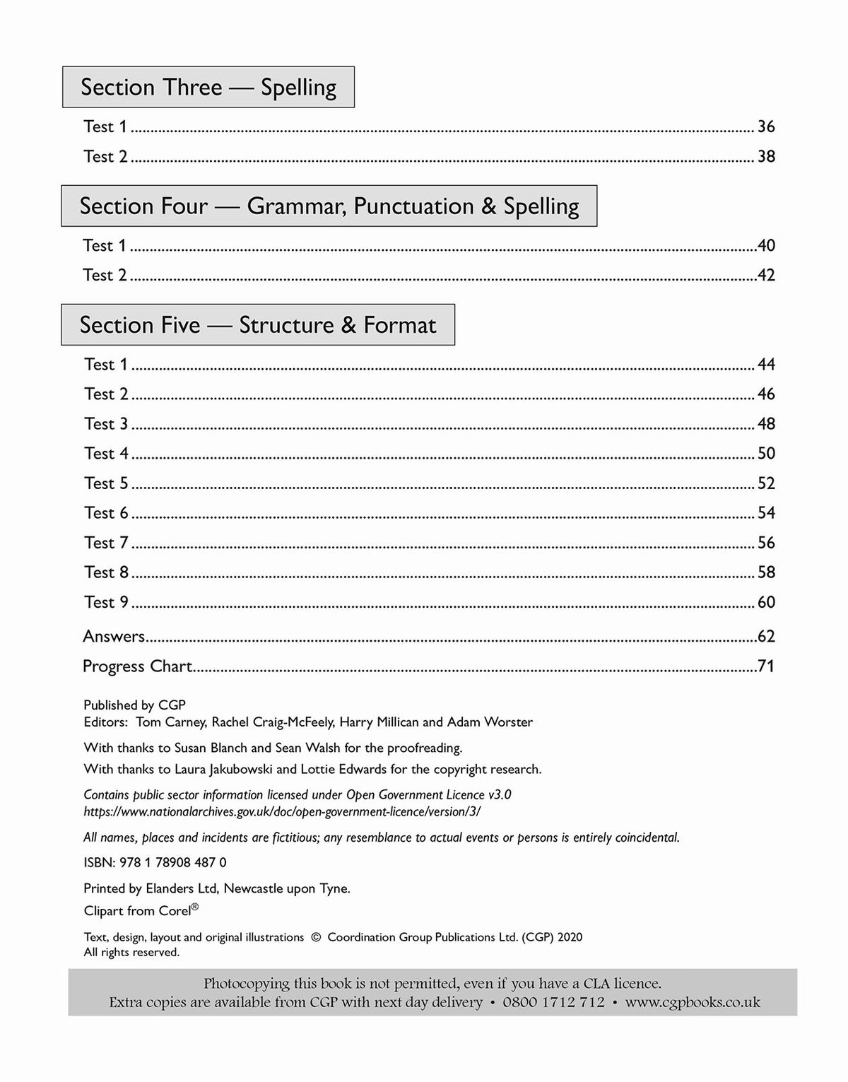 Contents page showing test sections including Spelling, Grammar Punctuation and Spelling, and Structure and Format