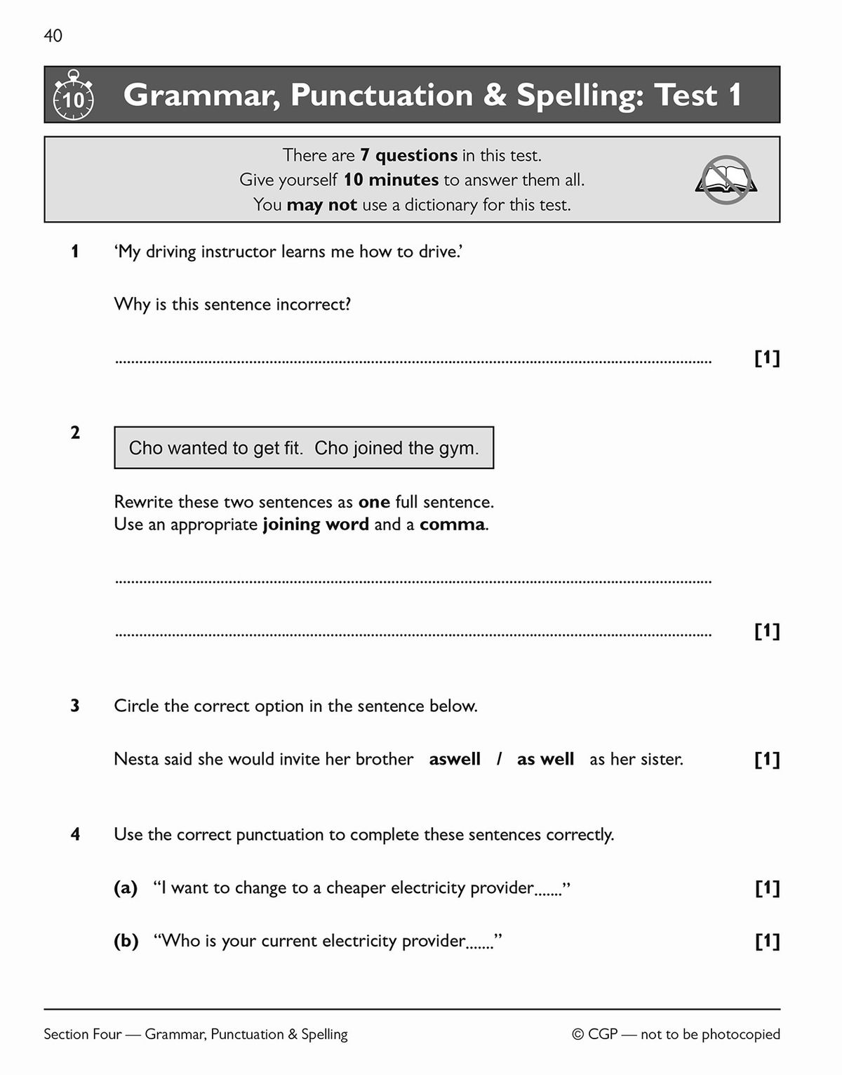 Sample test page showing grammar, punctuation and spelling questions with clear formatting and mark allocations