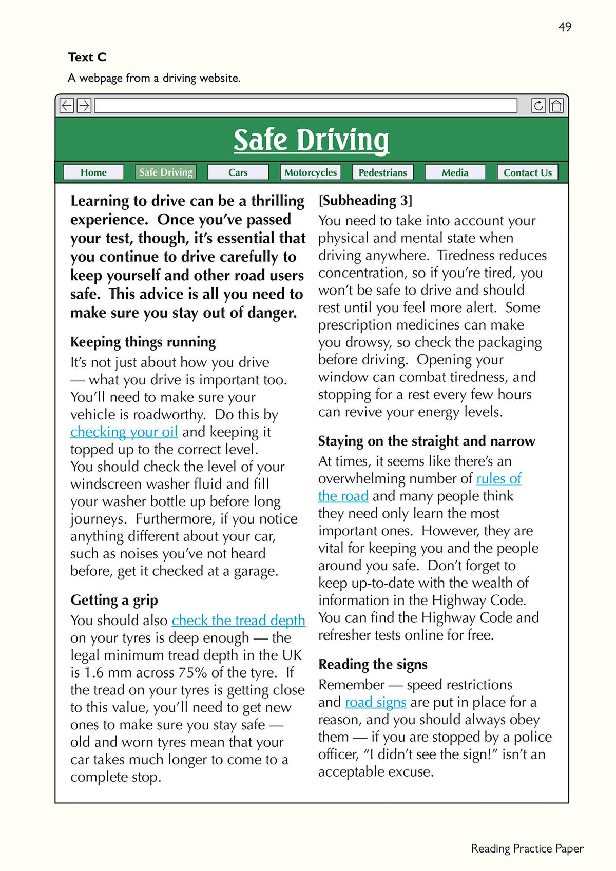 Inside pages showing reading comprehension exercises with driving safety text and website analysis guidance