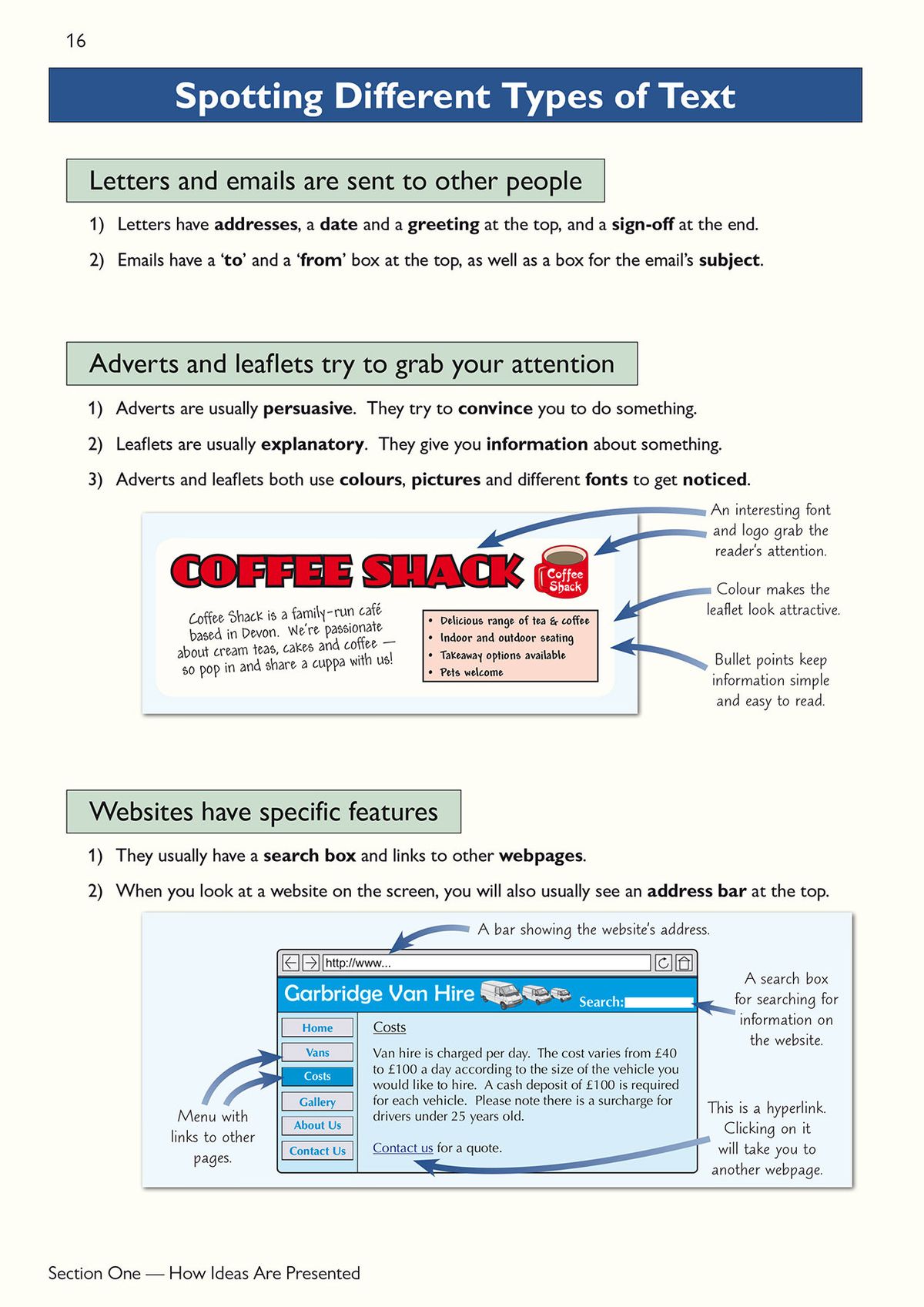 Study pages explaining how to identify text types including letters, emails, adverts and websites