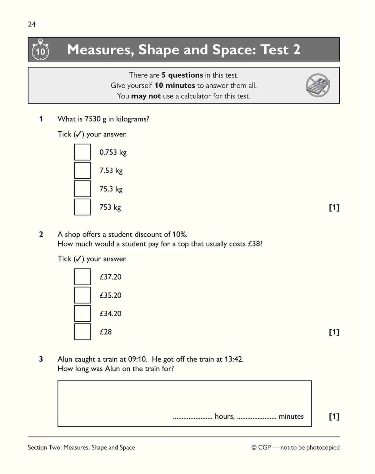 Sample test page showing volume calculation and problem-solving questions with answer boxes