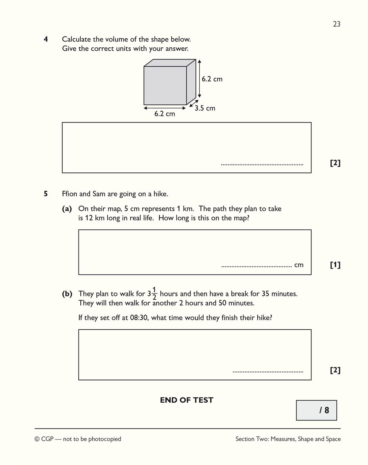 Sample page showing Measures, Shape and Space Test 2 with calculator instructions