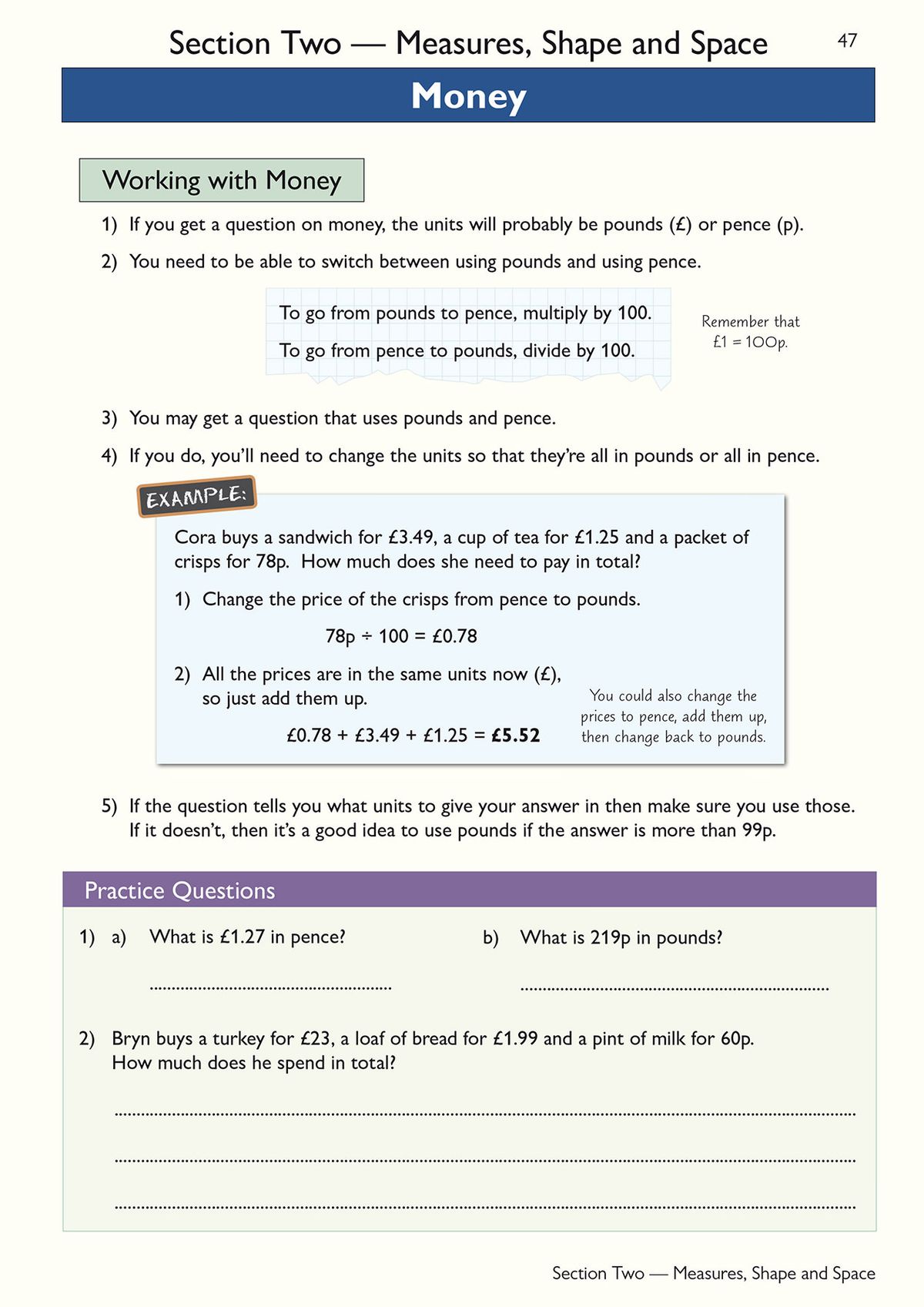 Inside page showing money conversion practice questions