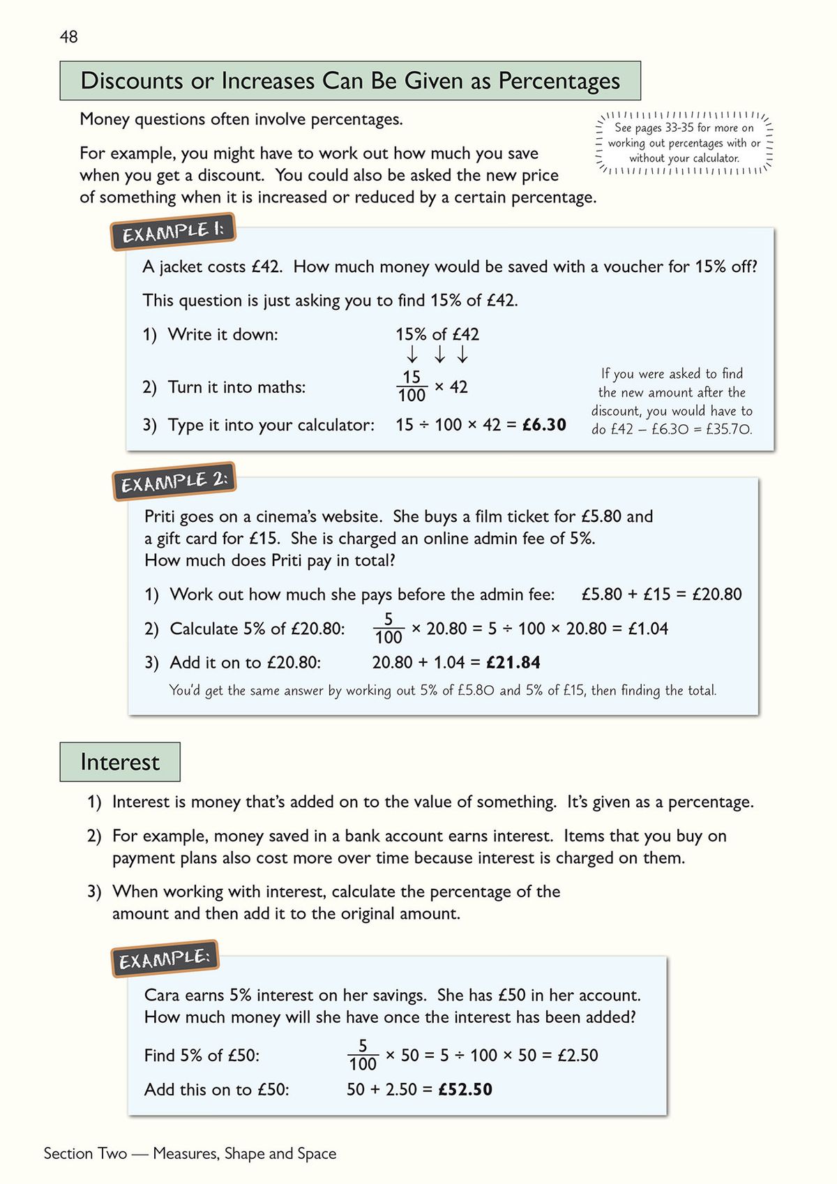 Inside page showing worked examples on percentages and interest calculations