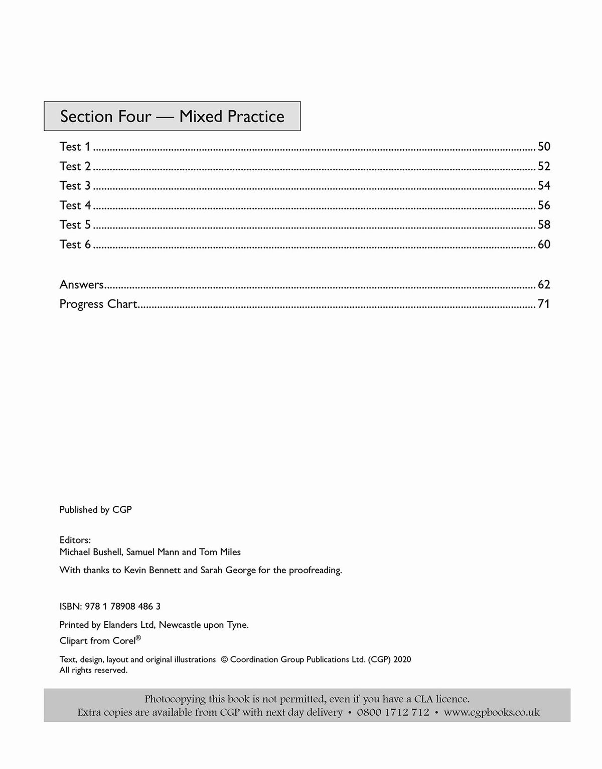 Contents page showing the four test sections and answers