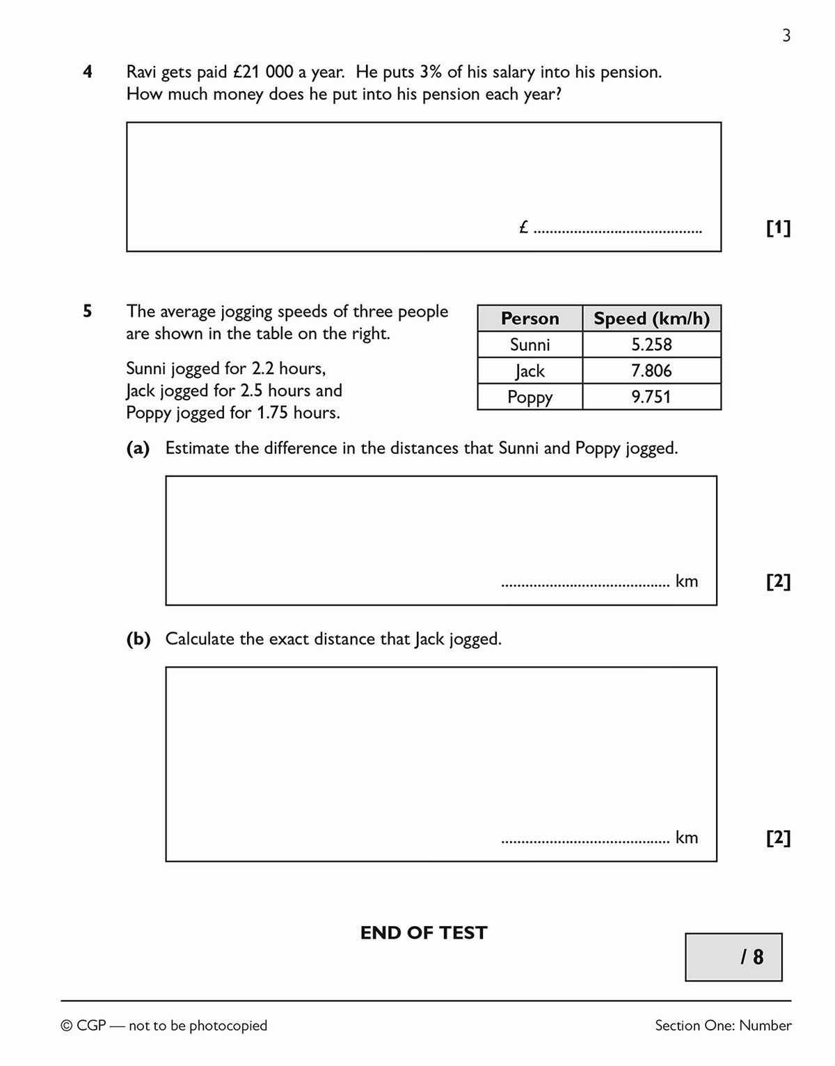 Sample test page showing Number Test 1 with questions on fractions, decimals and problem solving