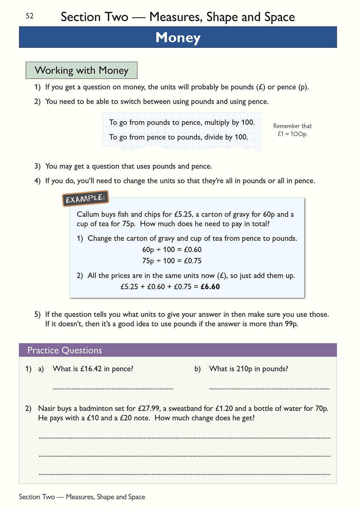 Sample spread showing worked examples on money calculations