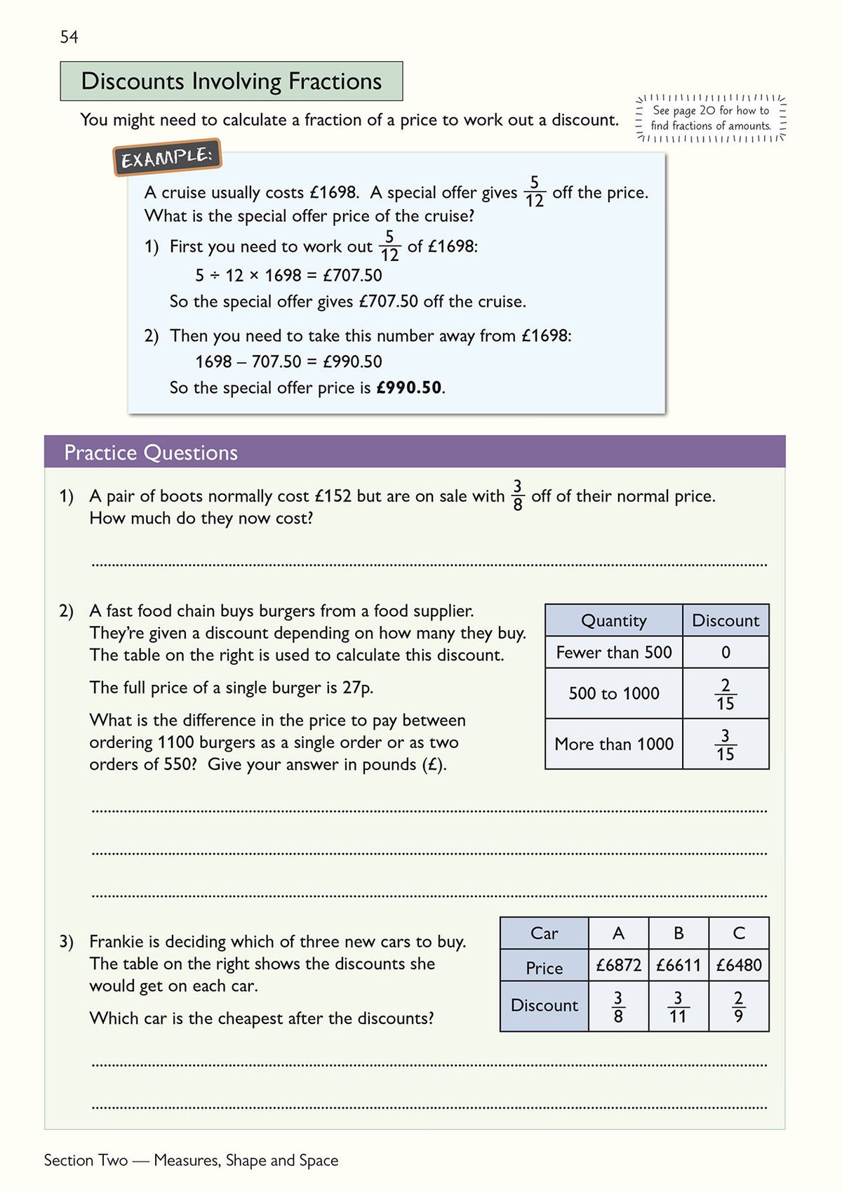 Practice questions on discounts involving fractions