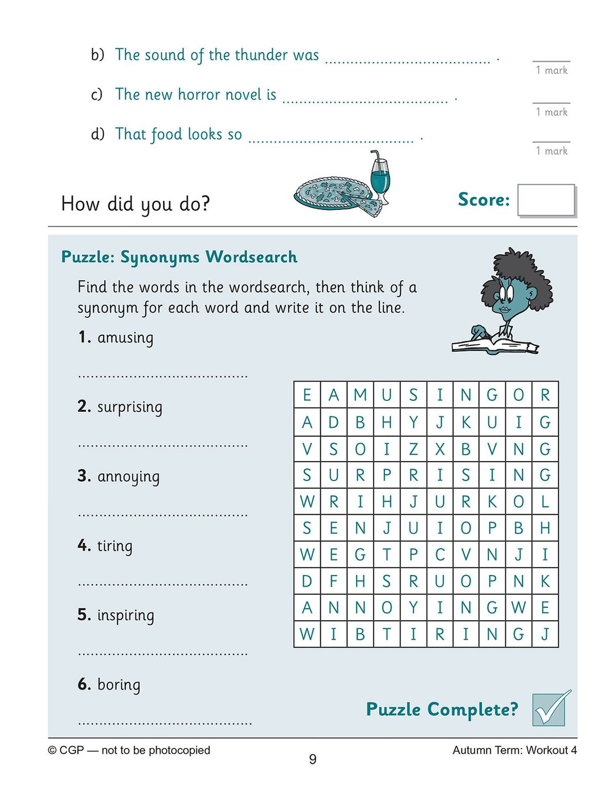 Sample workout page showing spelling questions, vocabulary tasks and a synonym wordsearch puzzle