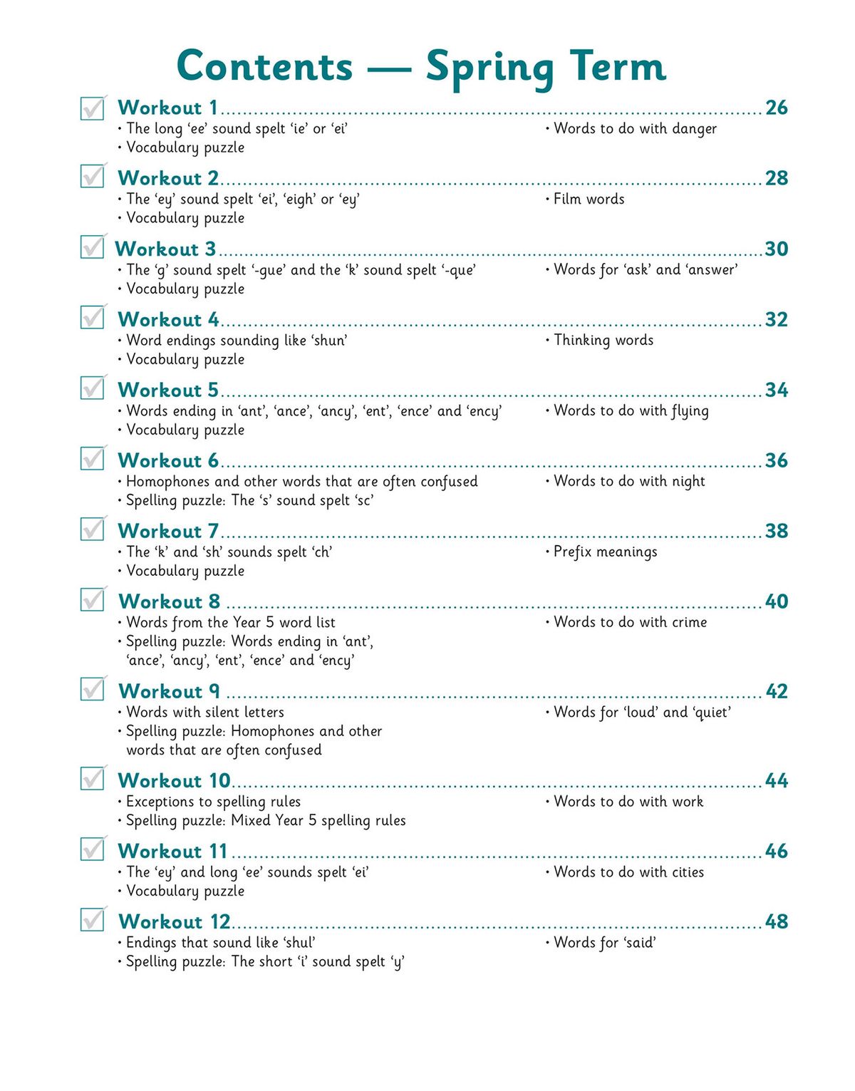 Contents page for Spring Term showing workout topics and page numbers with tick-box tracking