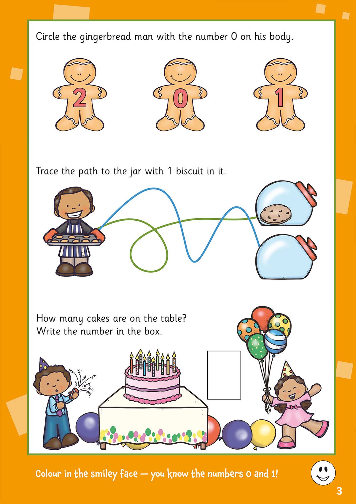 Activity page featuring tracing, counting and number identification tasks with cheerful characters