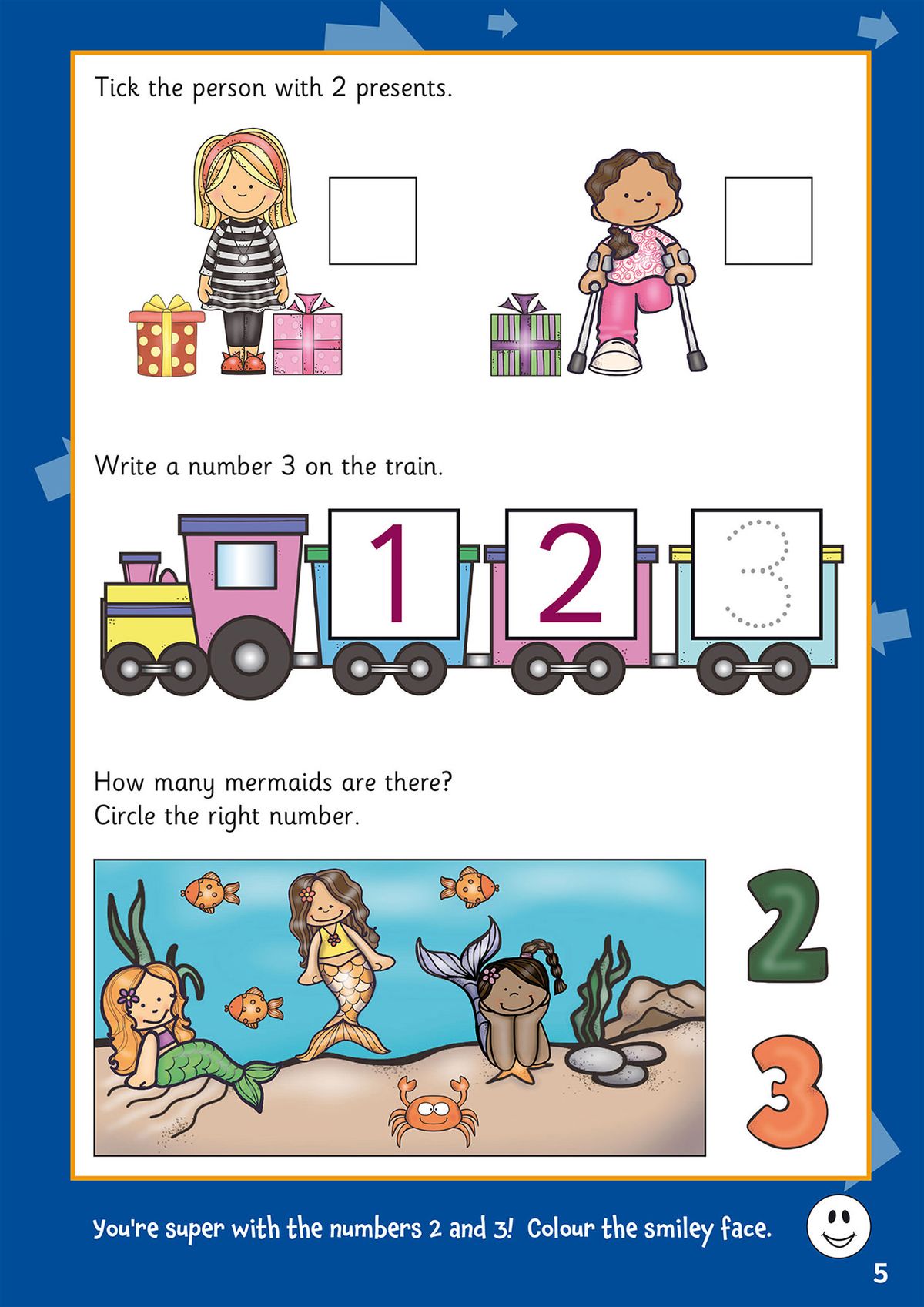 Sample activity page showing counting and number recognition exercises with colourful illustrations