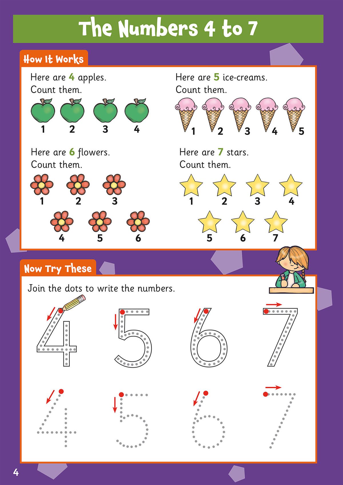 Sample page showing numbers 4 to 7 with counting exercises using apples, ice creams, flowers and stars, plus number formation practice