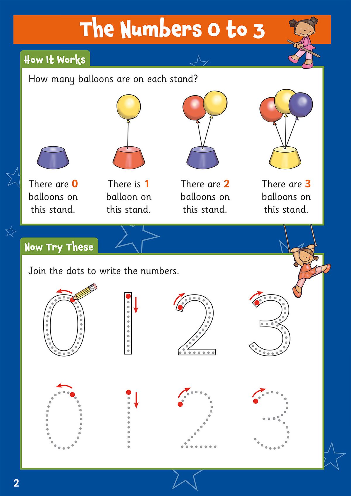 Sample page showing numbers 0 to 3 with colourful balloon illustrations and dot-to-dot tracing exercises