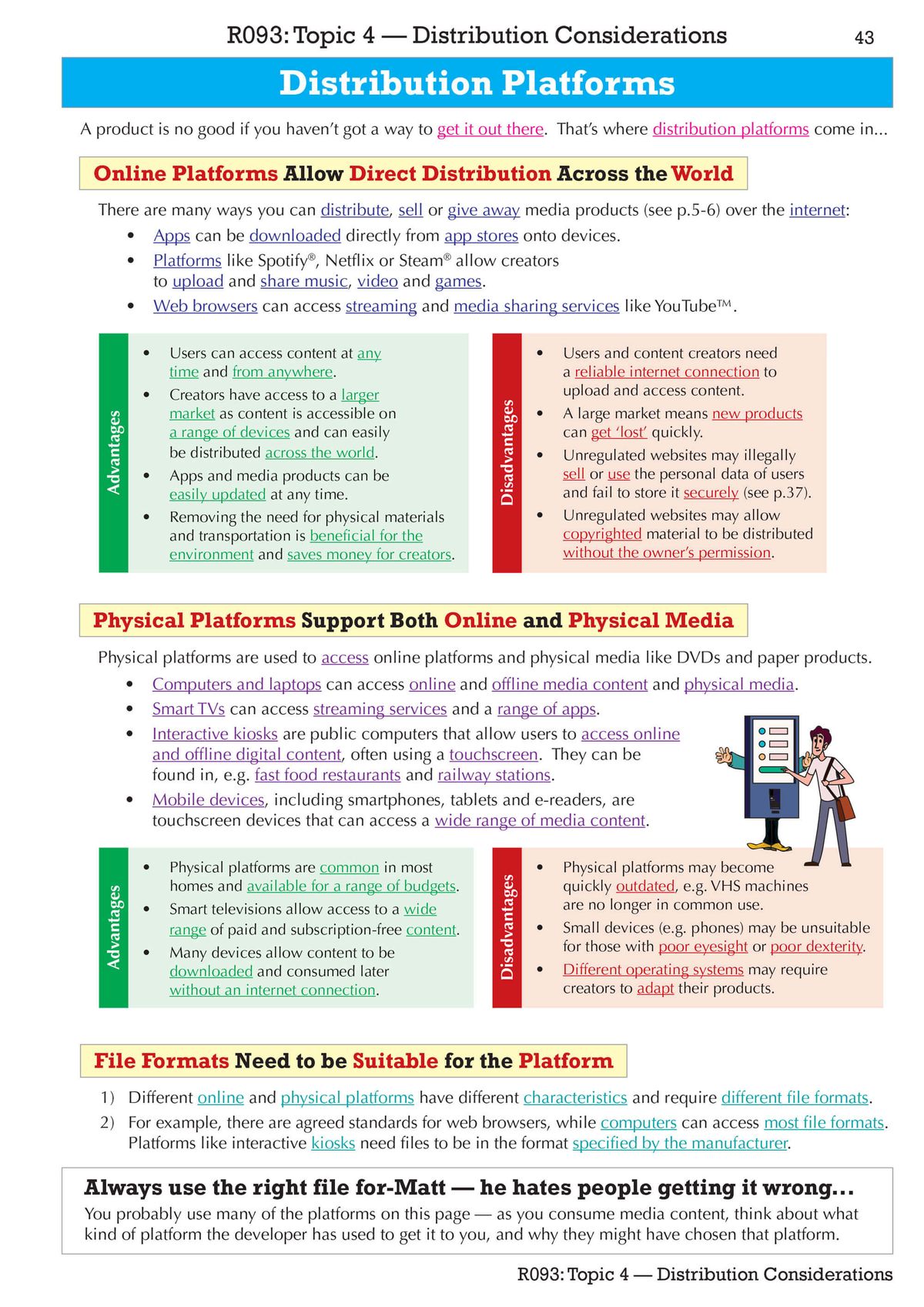 Sample page on distribution platforms with advantages and disadvantages tables